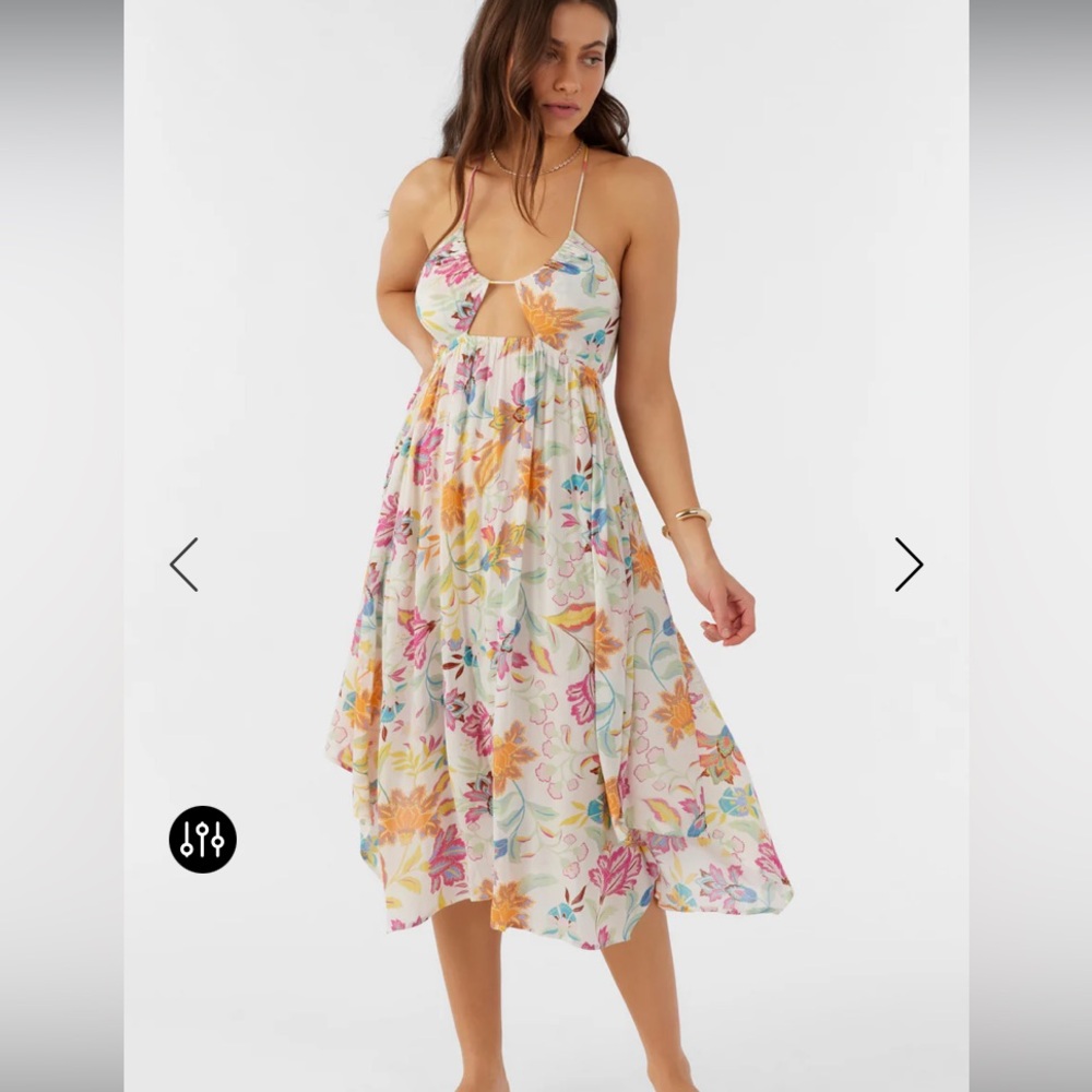 XS O'Neill White Backless Floral Midi Dress with Pink, Orange & Blue Print EUC